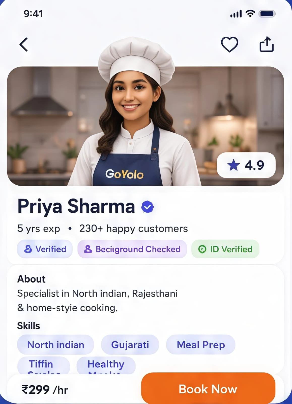 Verified home cook profile with ratings and booking option