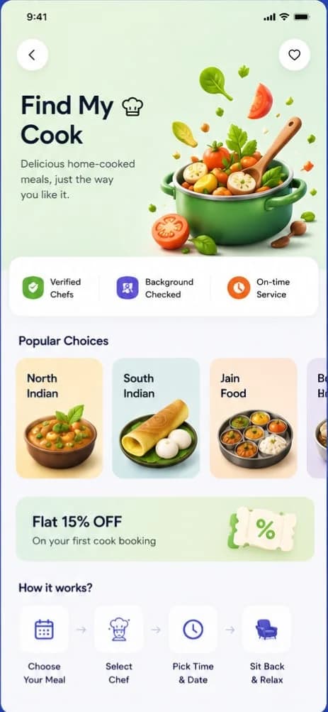Find My Cook screen with popular cuisine choices