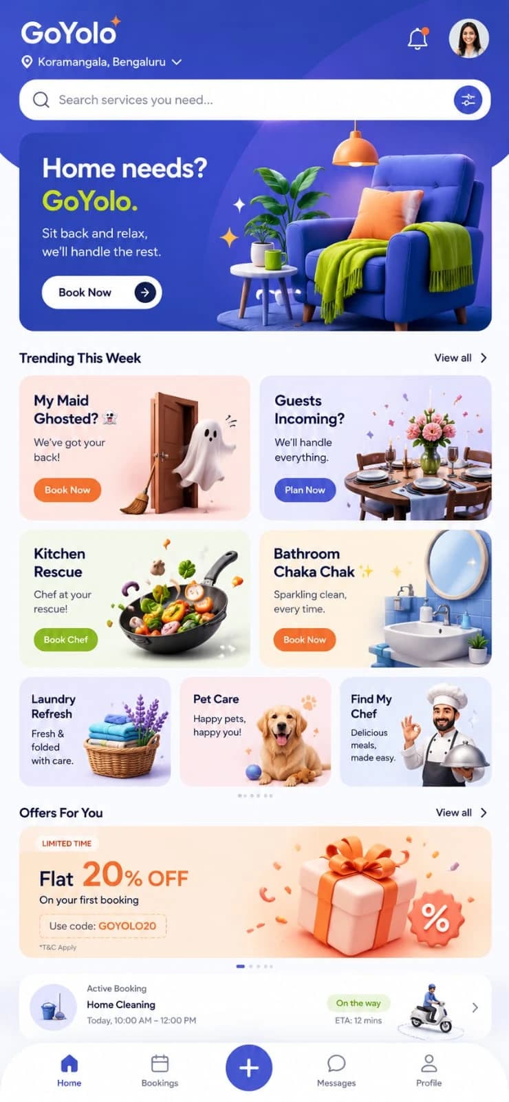 GoYolo app home screen showing search and trending services